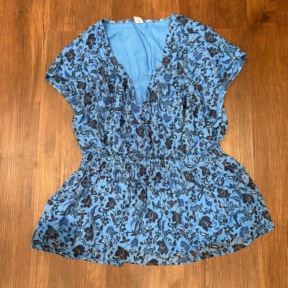 Cottagecore Blue Floral Peplum Top Boho V-Neck Cap Sleeve M Rayon